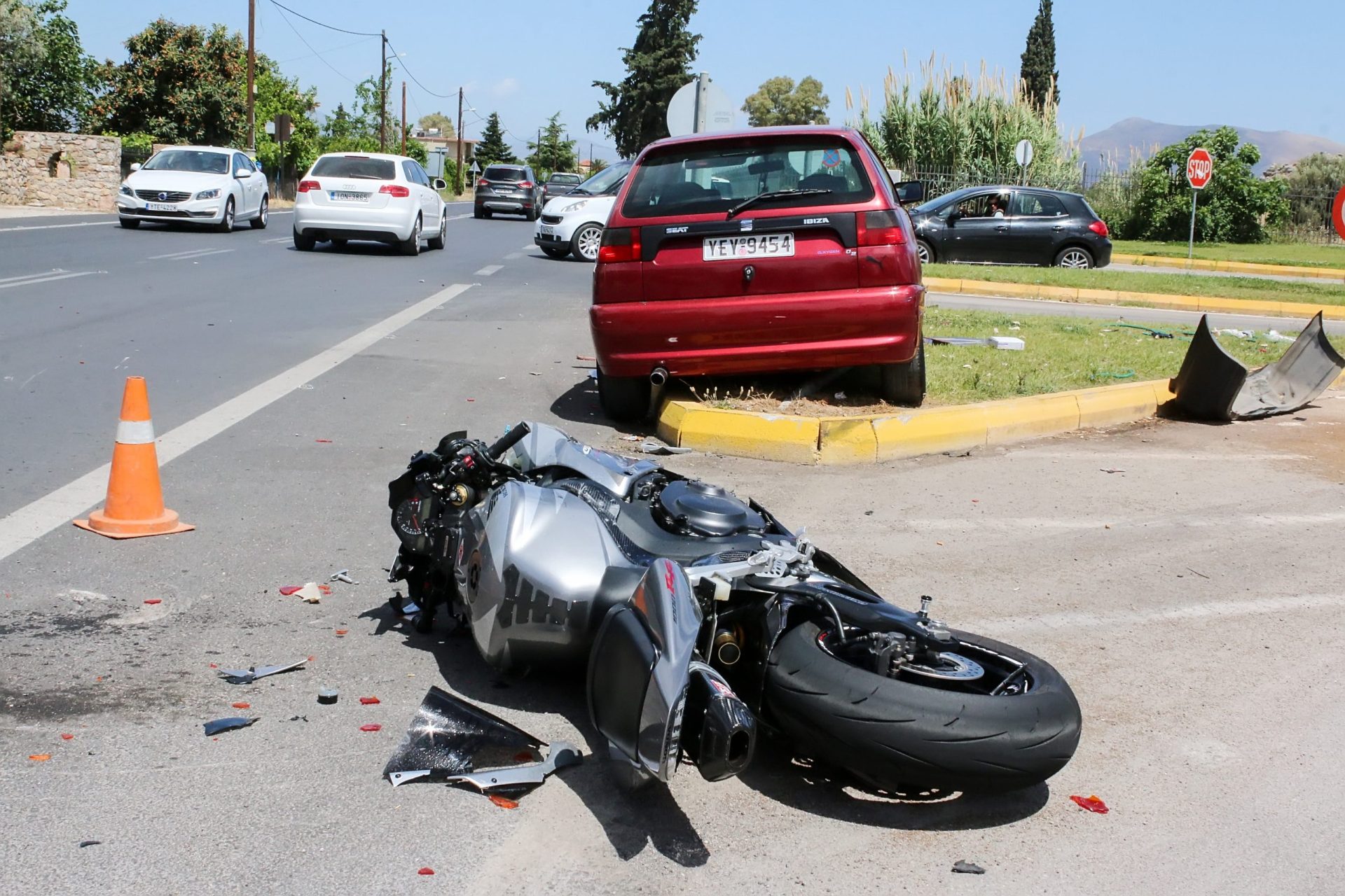 Traffic Accident Between A Car And A Motorcycle