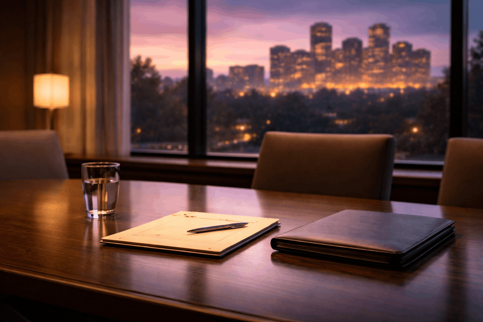 Empty conference room table set for a deposition with a notepad and folder
