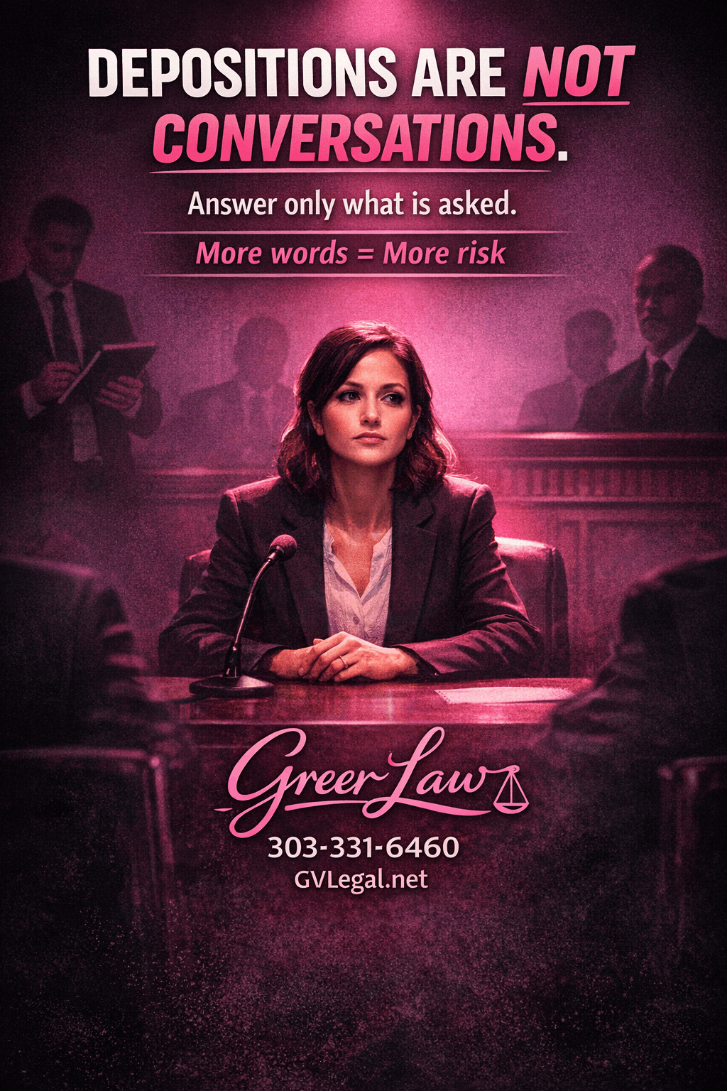 Woman answering questions at a deposition table, with the words Depositions Are Not Conversations