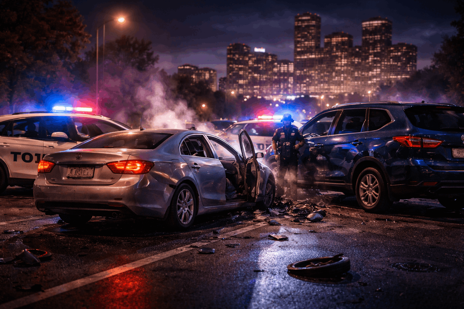 Damaged cars and police lights at a nighttime crash scene in a city