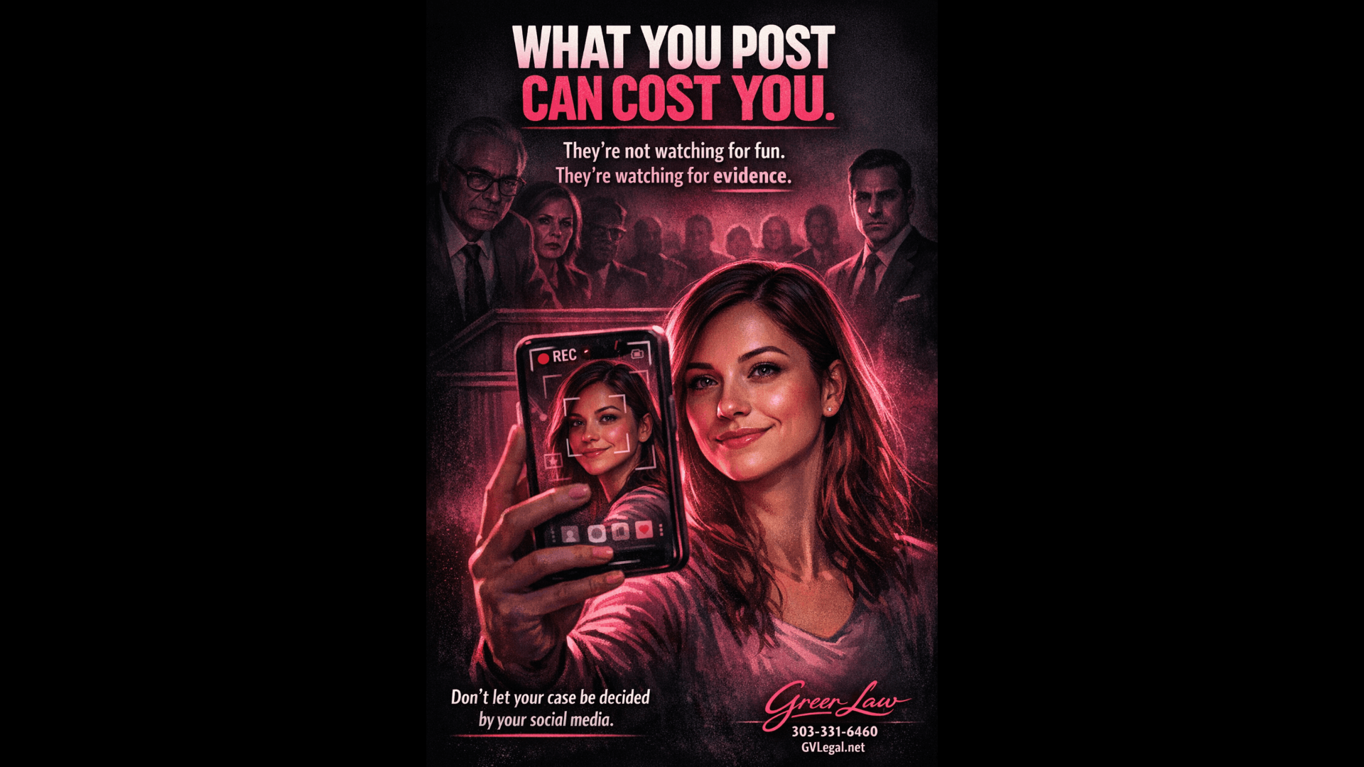 Woman taking a selfie with the words What You Post Can Cost You
