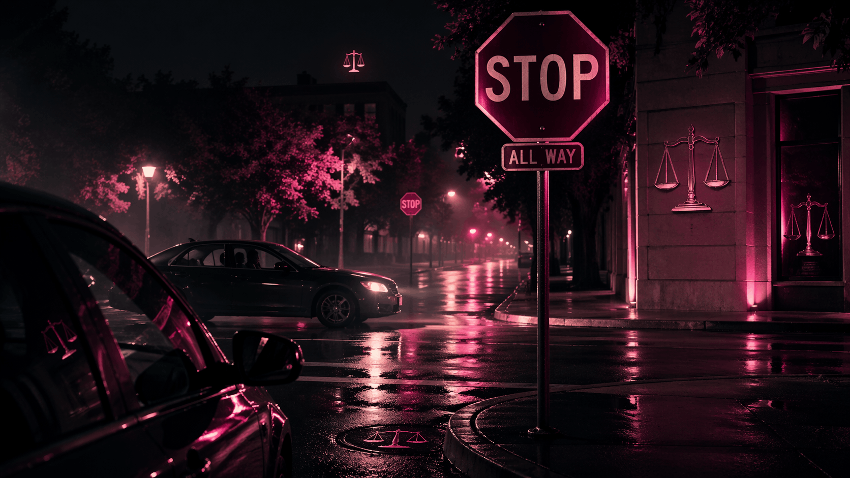All-way stop sign at a rainy city intersection at night
