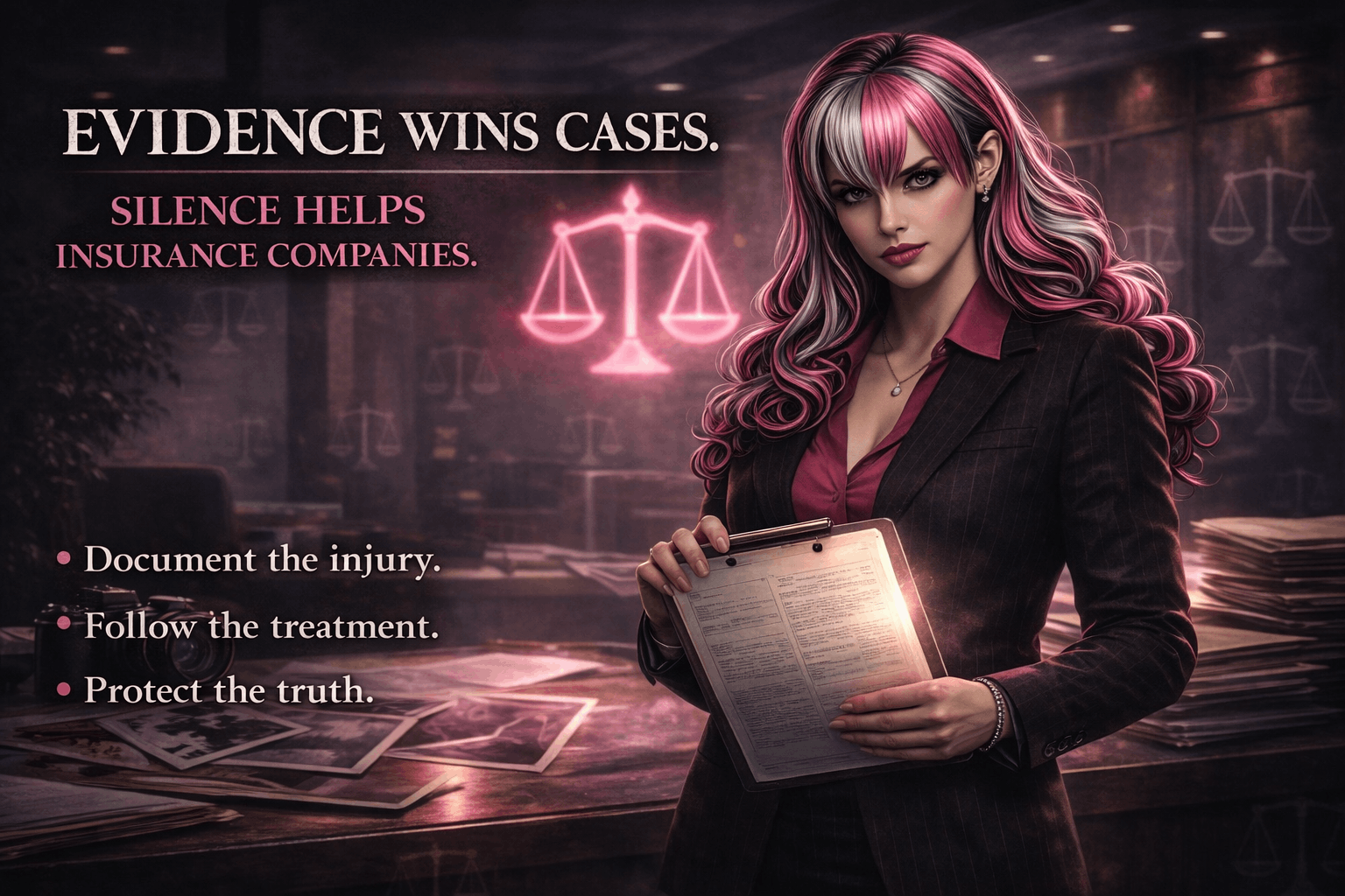 The Pink Advocate holding a clipboard with the headline “Evidence Wins Cases” and tips to document the injury and follow treatment