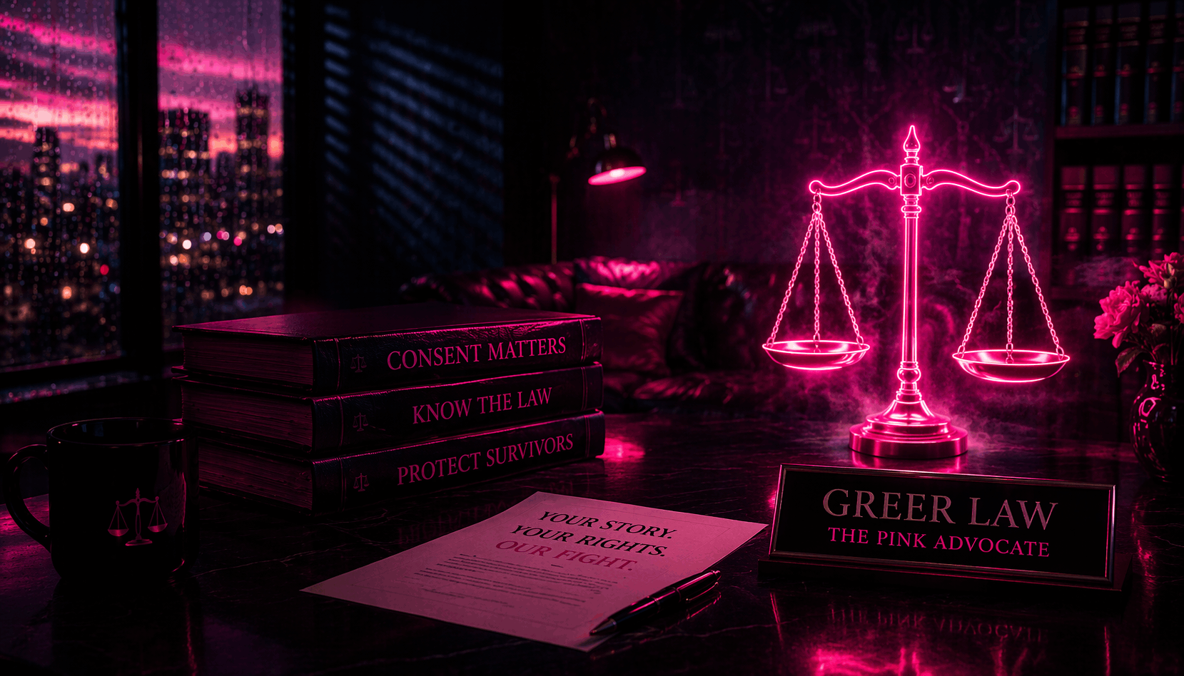 Pink neon scales of justice on a desk beside a Greer Law Group The Pink Advocate nameplate