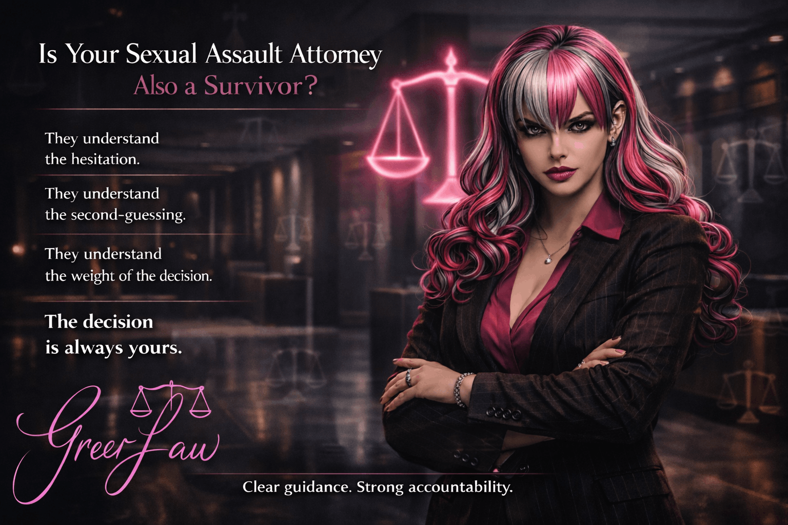 The Pink Advocate with arms crossed beside the headline “Is Your Sexual Assault Attorney Also a Survivor?”