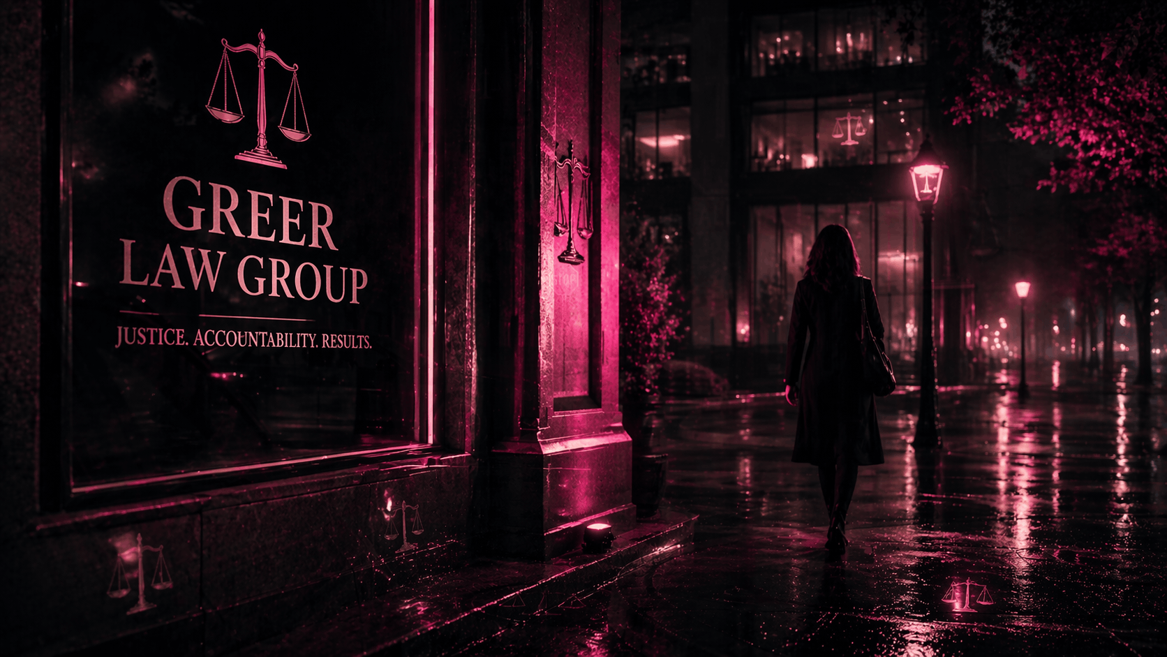 Woman walking past the Greer Law office window on a rainy night
