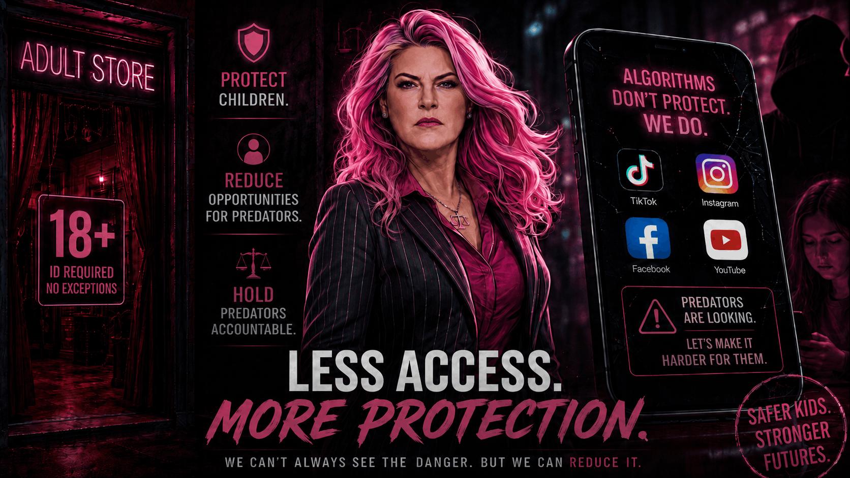 The Pink Advocate between an adult store and a phone of social media apps with the headline “Less Access. More Protection.”