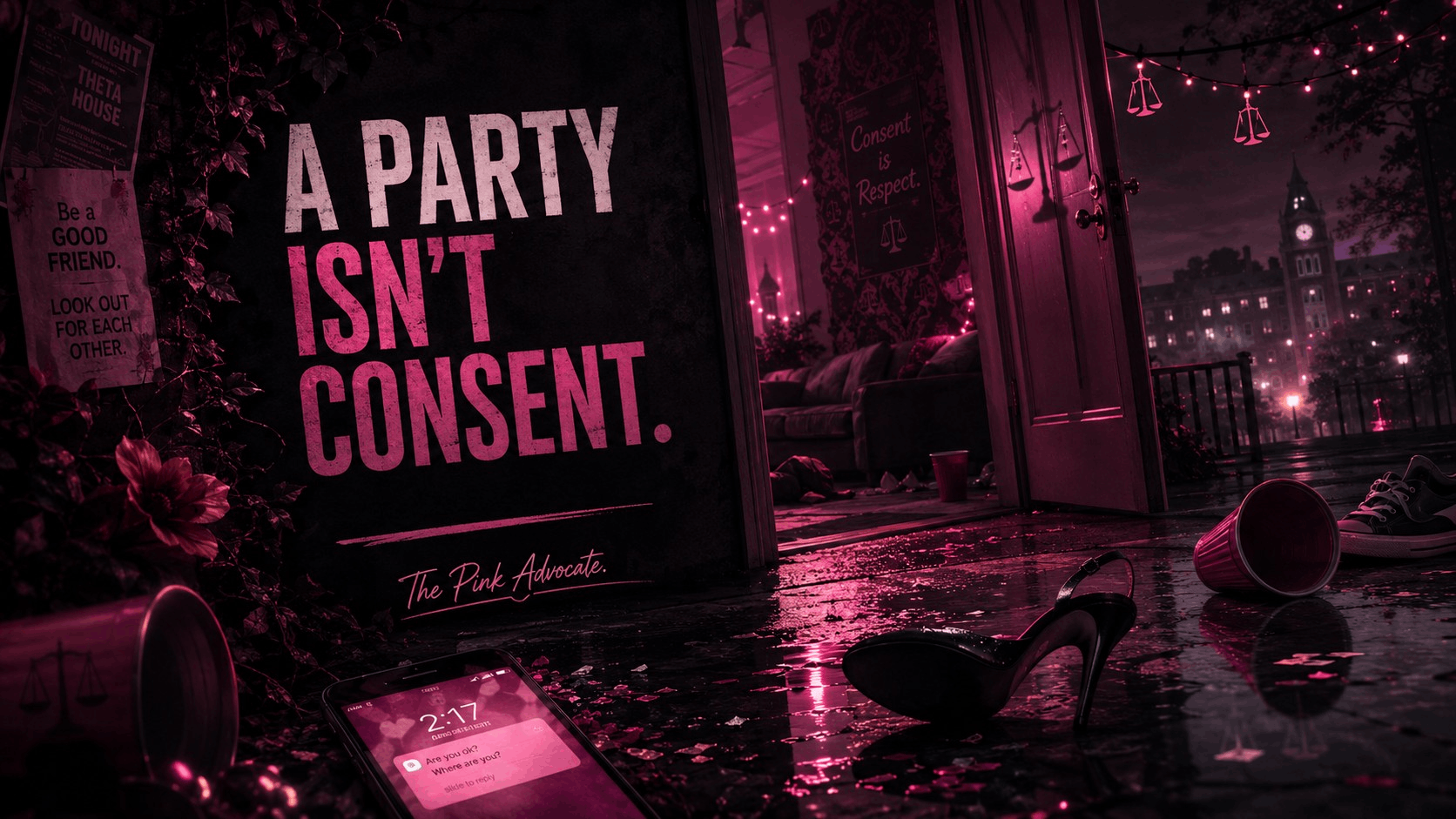 Aftermath of a college party with a dropped shoe and cups on the floor and the headline “A Party Isn’t Consent.”