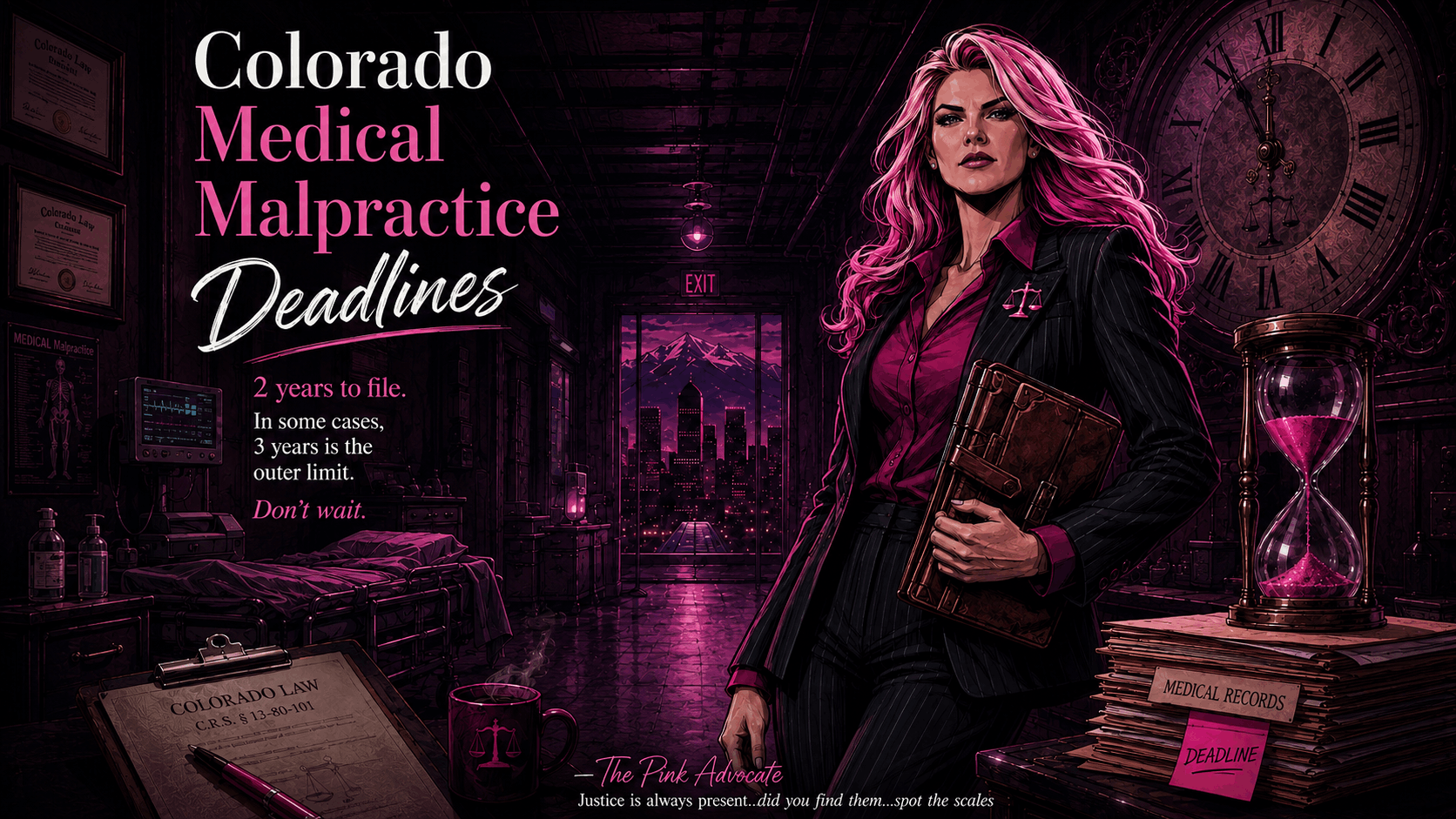 The Pink Advocate holding files beside an hourglass and clock with the headline “Colorado Medical Malpractice Deadlines”