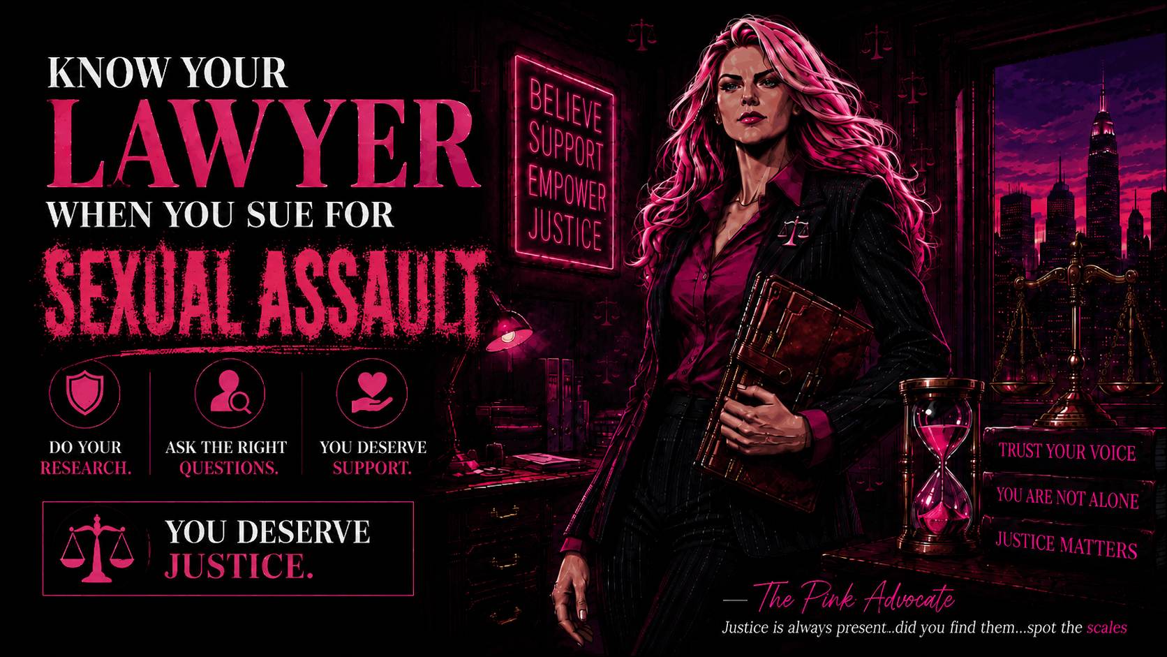 The Pink Advocate with the headline “Know Your Lawyer When You Sue for Sexual Assault” and the line “You Deserve Justice.”