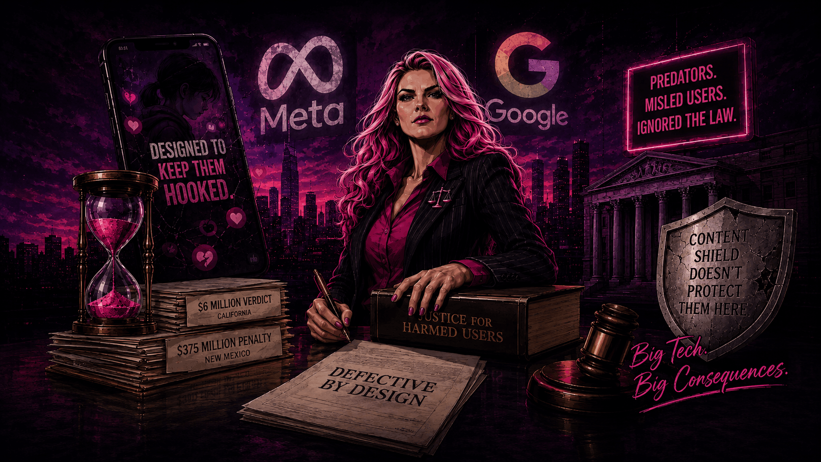 The Pink Advocate at a desk with Meta and Google logos, an hourglass and a file marked “Defective by Design”