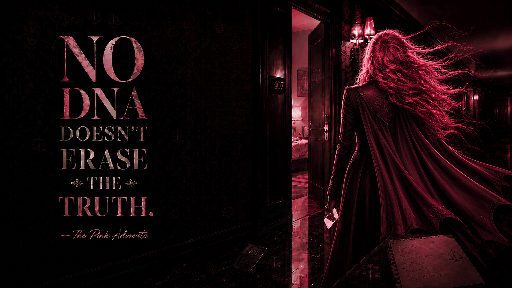 The Pink Advocate walking down a dark hallway beside the headline “No DNA Doesn’t Erase the Truth.”