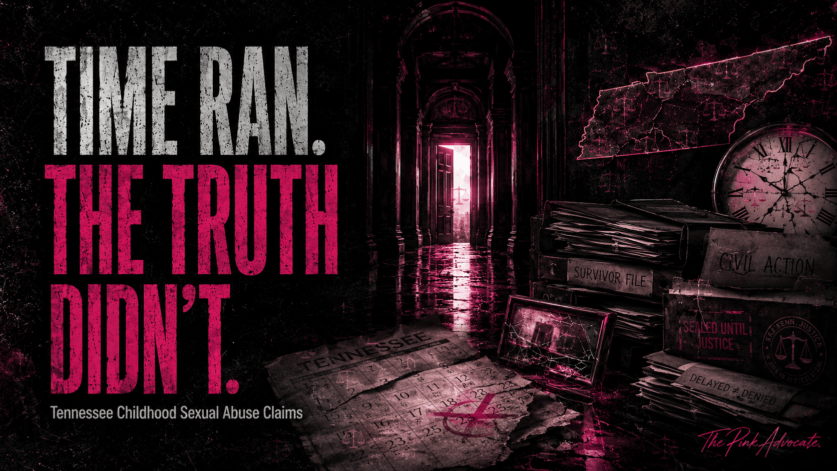 Tennessee childhood sexual abuse claims graphic with a clock, case files and the headline “Time Ran. The Truth Didn’t.”