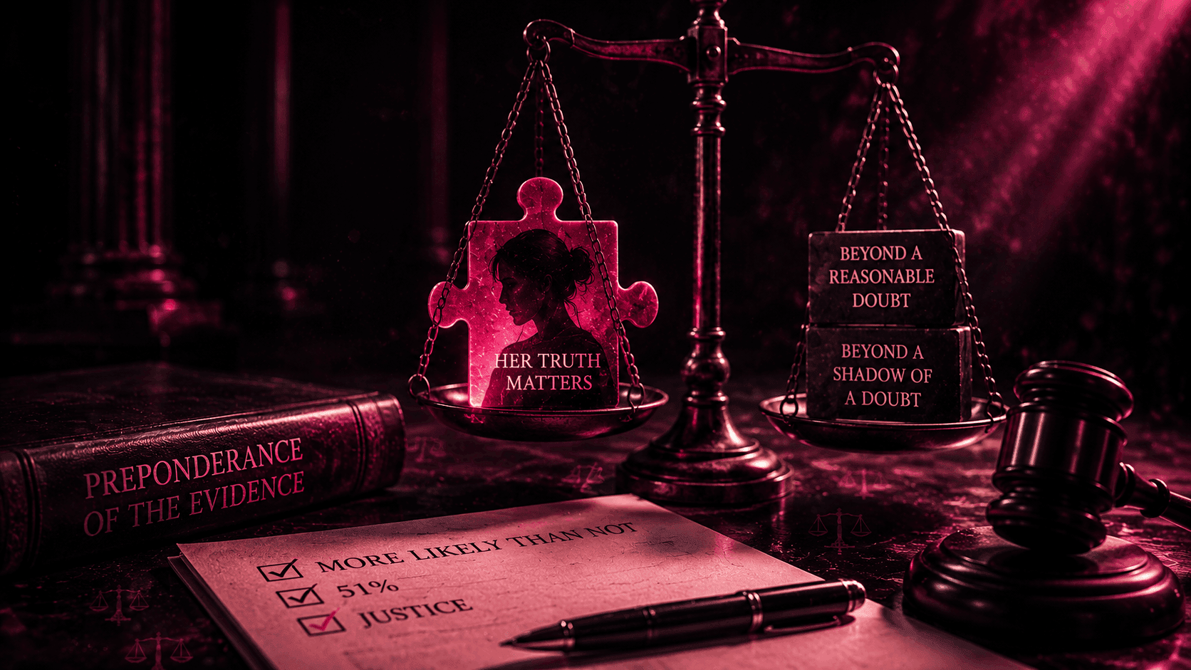 Scales of justice weighing preponderance of the evidence against beyond a reasonable doubt, for civil sexual assault cases