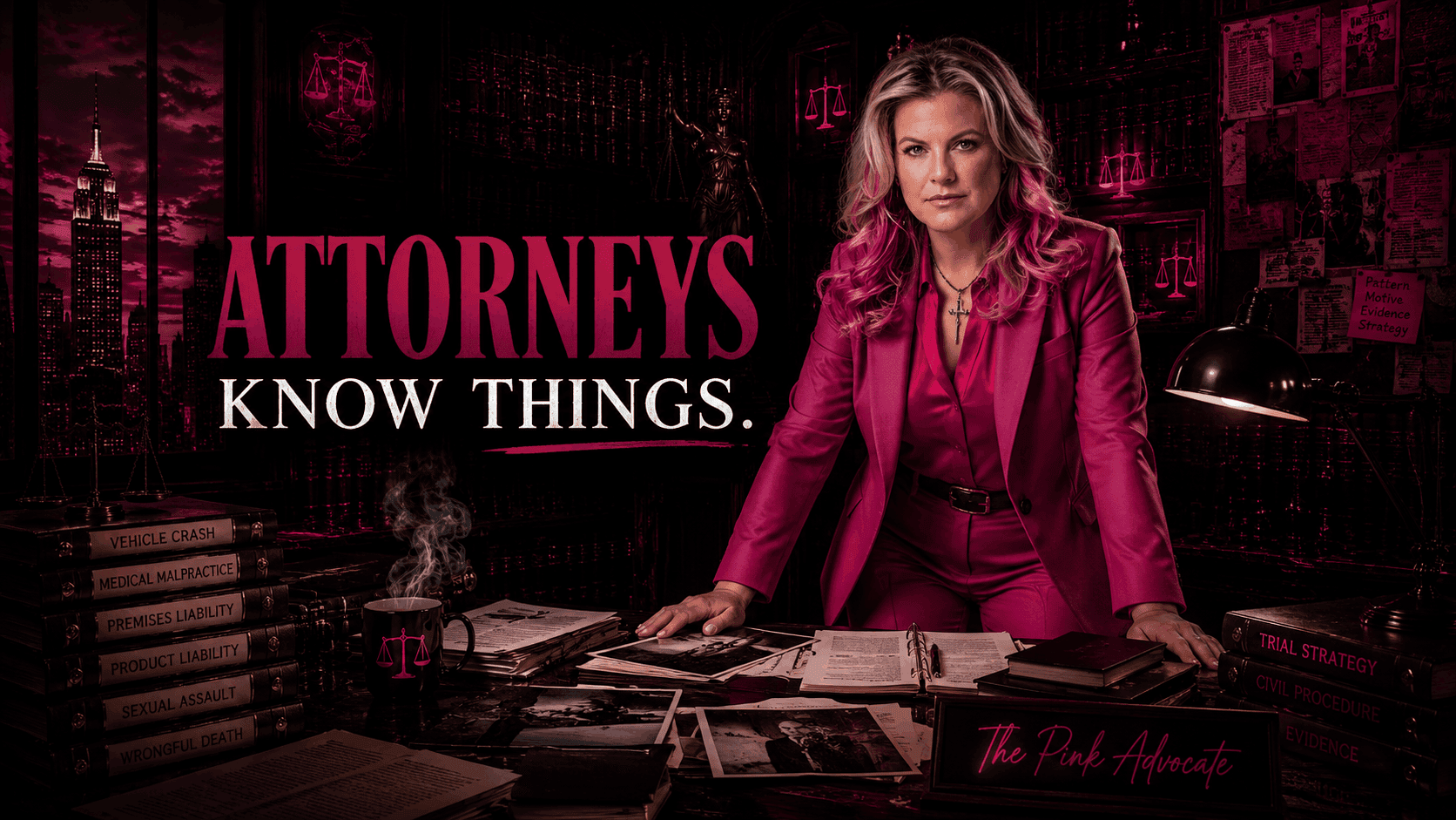 The Pink Advocate leaning on a desk of case files with the headline “Attorneys Know Things.”