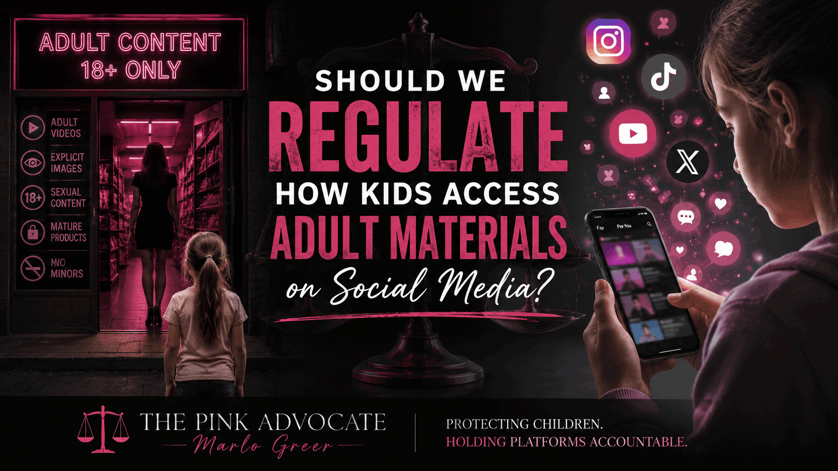 Graphic asking “Should We Regulate How Kids Access Adult Materials on Social Media?” with a child outside an adult content door and a teen on a phone
