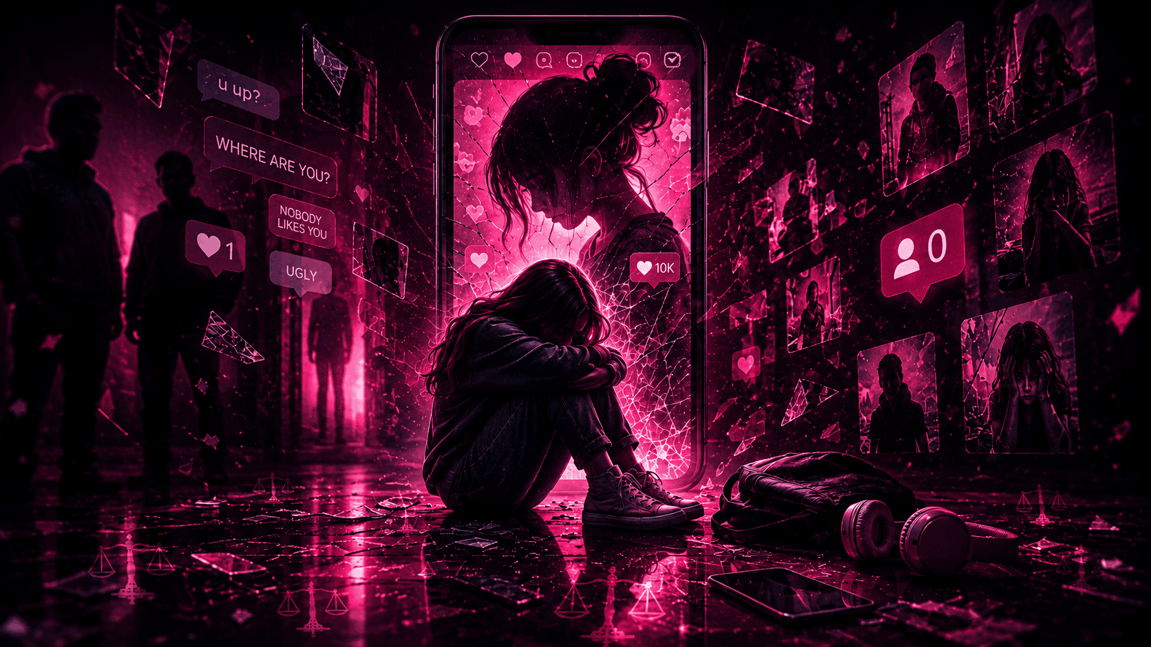 Teen sitting on the floor surrounded by glowing social media feeds and notifications, illustrating social media product liability