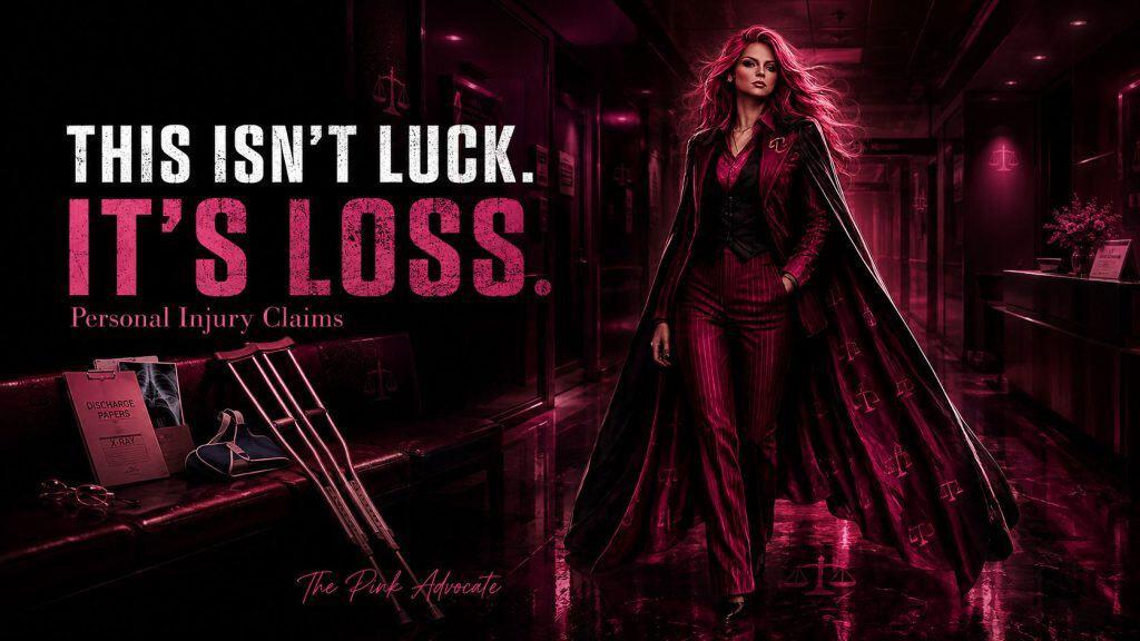 The Pink Advocate in a dark office with the headline “This Isn’t Luck. It’s Loss.” about personal injury claims