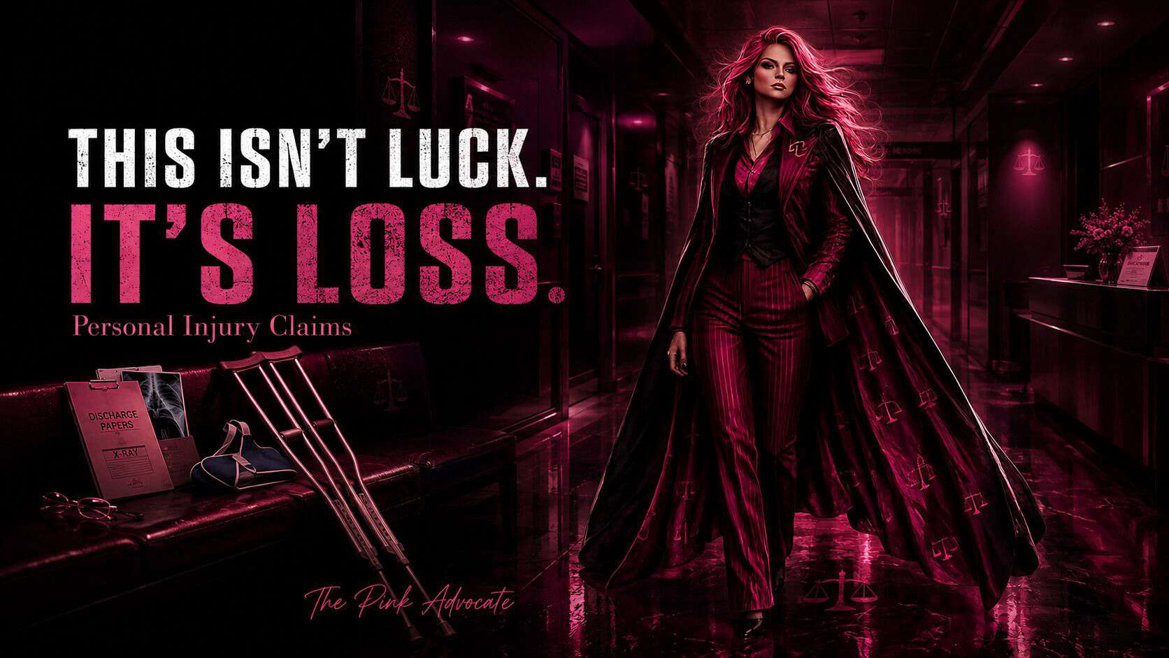 The Pink Advocate in a dark office with the headline “This Isn’t Luck. It’s Loss.” about personal injury claims