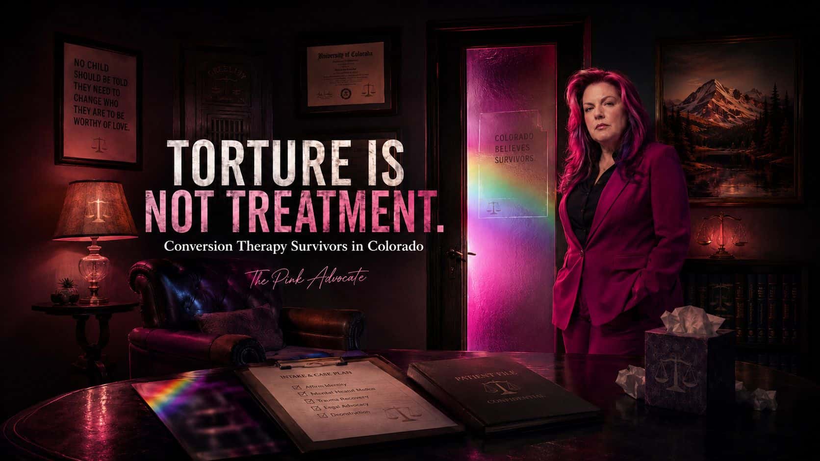 The Pink Advocate in an office with the headline “Torture Is Not Treatment.” for conversion therapy survivors in Colorado