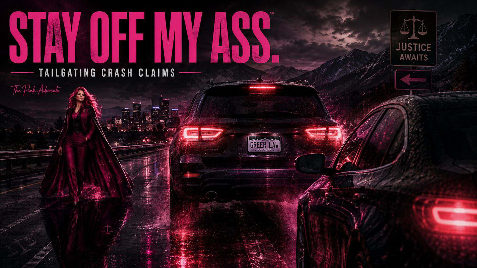 Tailgating crash claims graphic showing one car close behind another on a wet Denver road at night, with The Pink Advocate