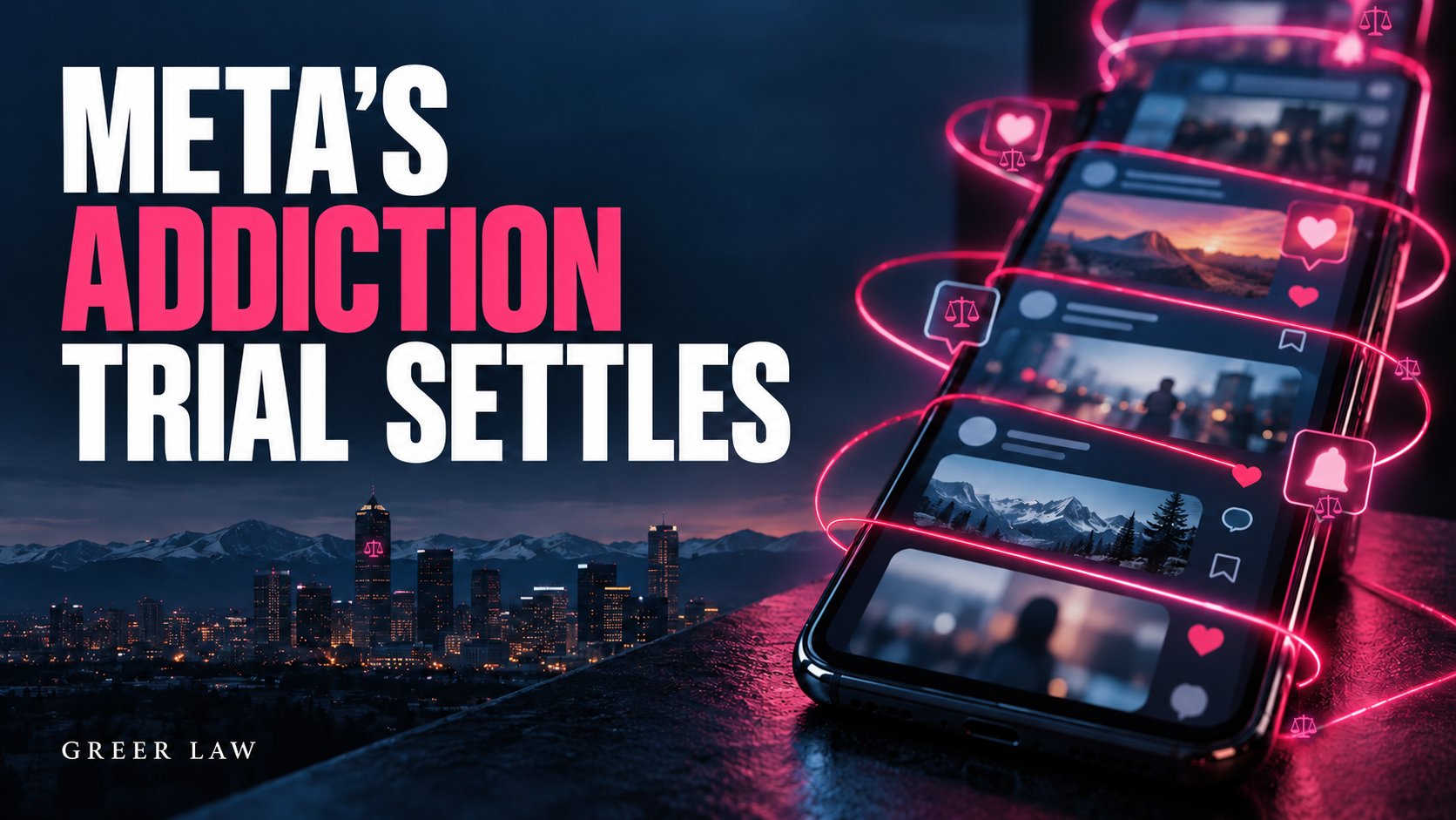 Meta social media addiction settlement graphic showing a phone wrapped in glowing pink notification lines beside the Denver skyline, with the headline “Meta’s Addiction Trial Settles”