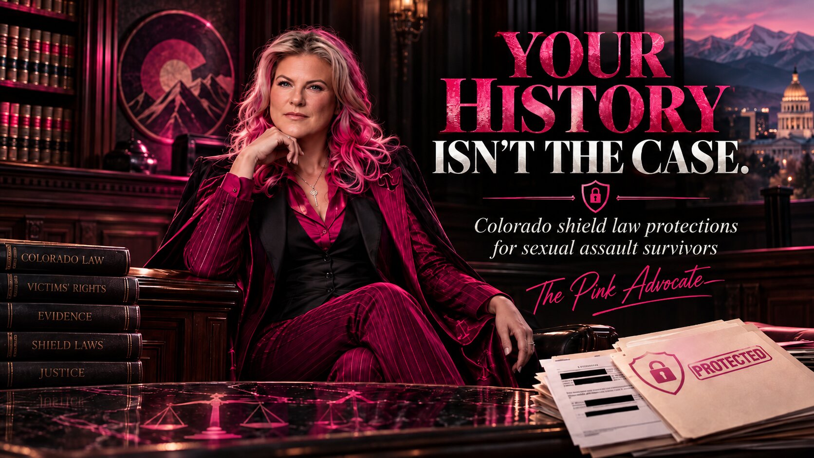 The Pink Advocate with the headline “Your History Isn’t the Case” on Colorado rape shield law protections for survivors