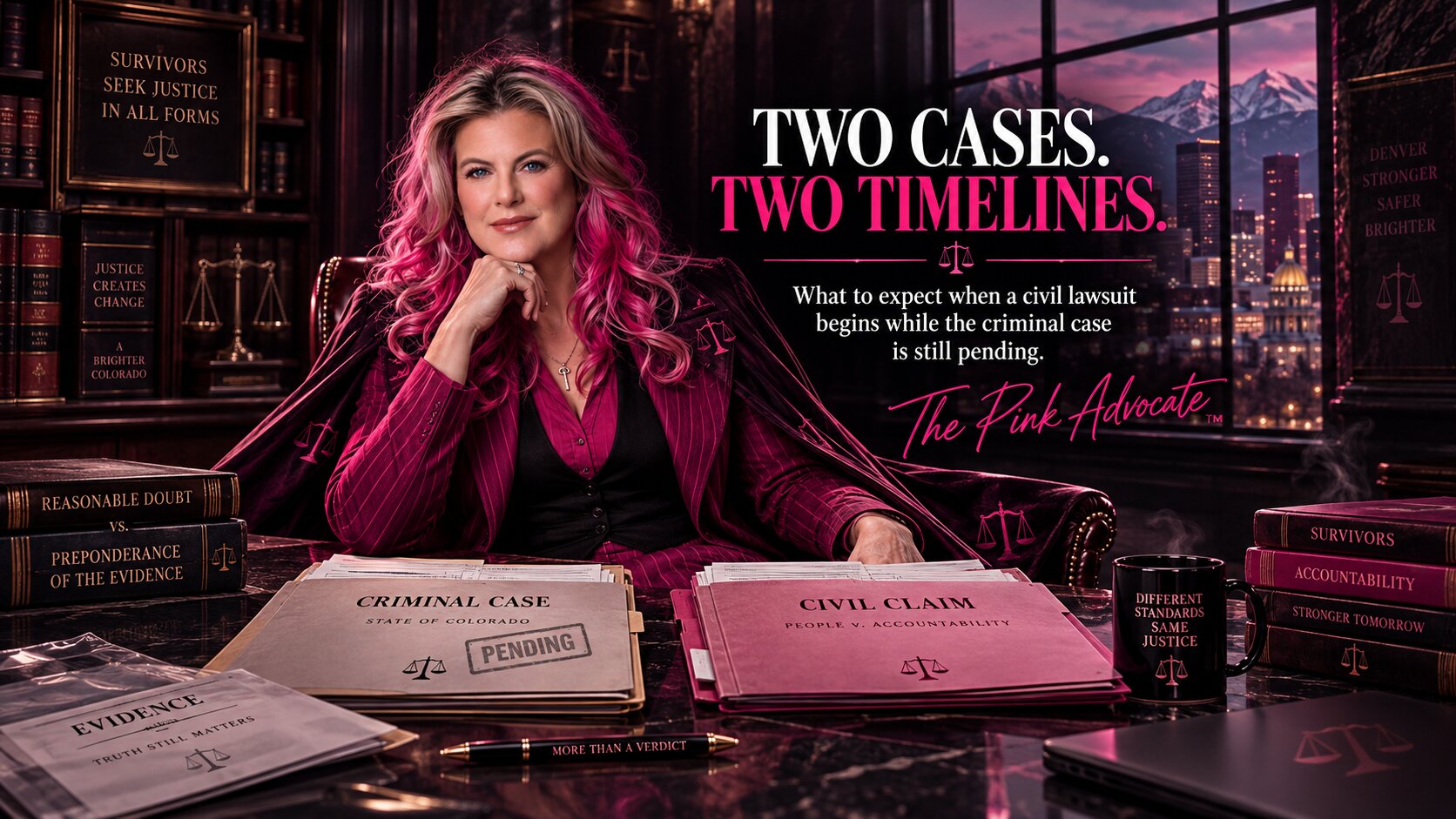 The Pink Advocate at a desk with criminal and civil case files and the headline “Two Cases. Two Timelines.”
