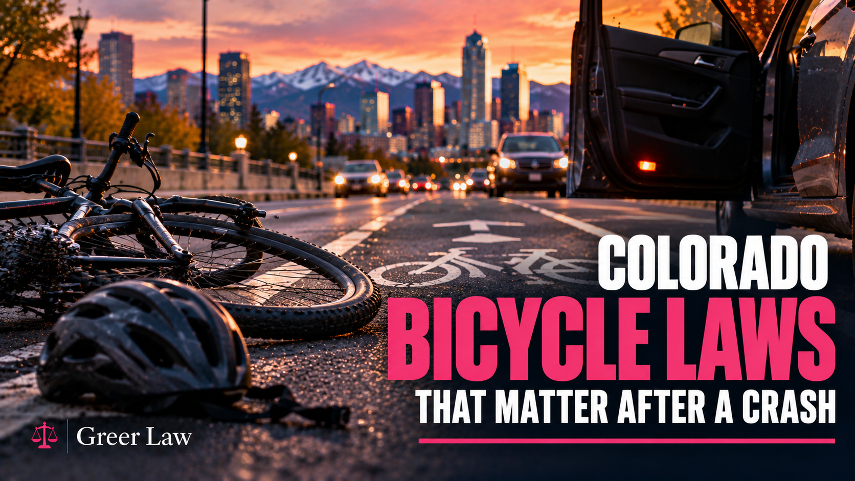 Colorado Bicycle Laws That Matter After a Crash, Greer Law graphic with a bicycle and helmet in a bike lane beside an open car door, Denver skyline