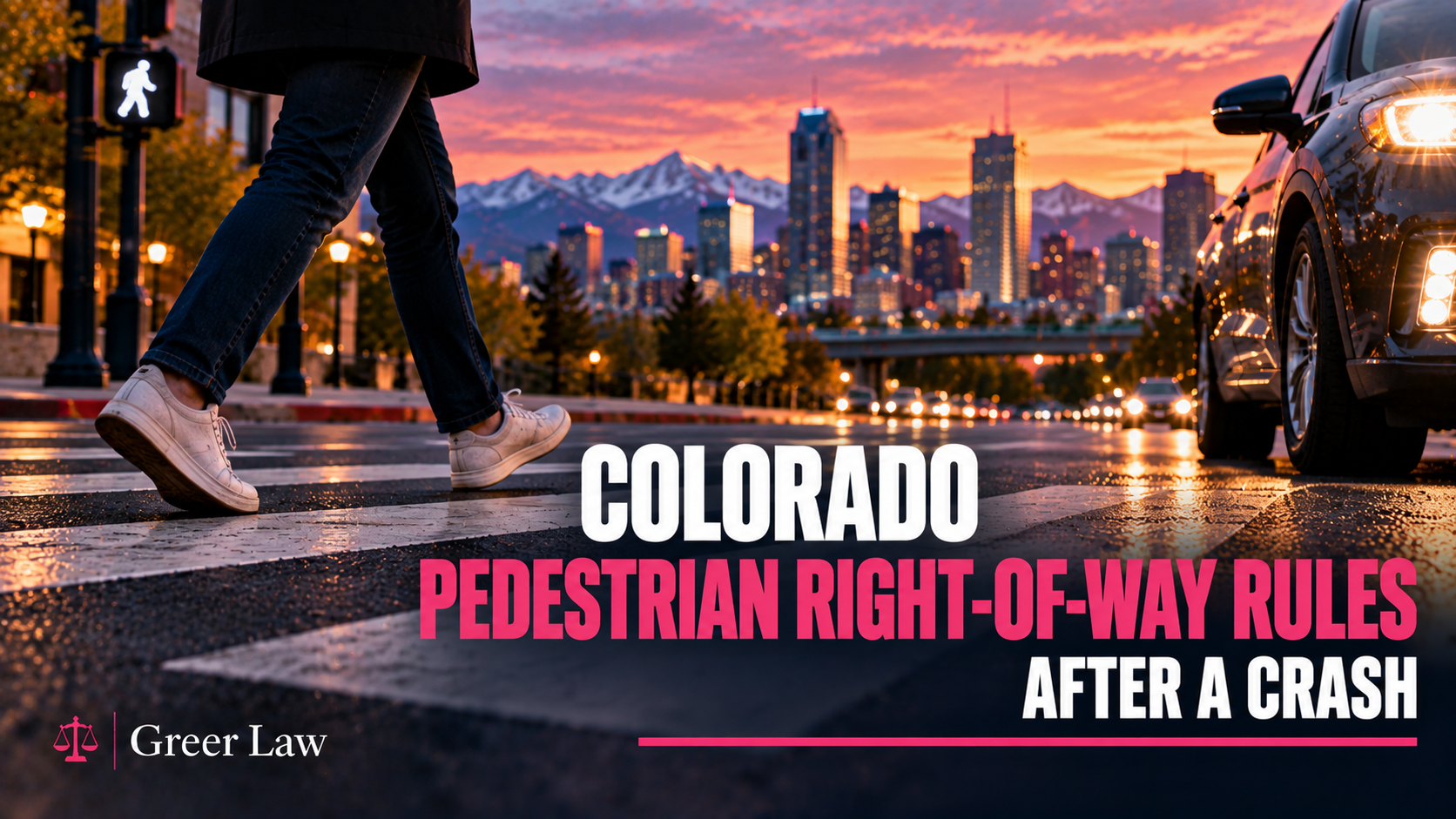Colorado Pedestrian Right-of-Way Rules After a Crash, Greer Law graphic with a pedestrian in a crosswalk and an approaching car, Denver skyline
