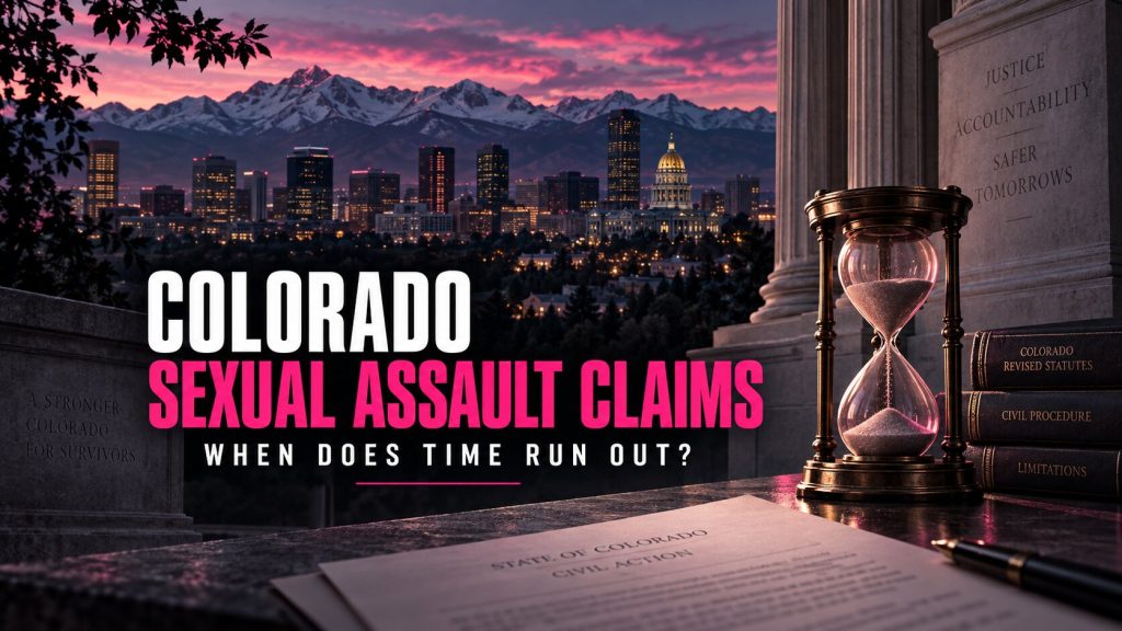 Colorado sexual assault claims graphic with an hourglass, the Denver skyline and the headline “When Does Time Run Out?”