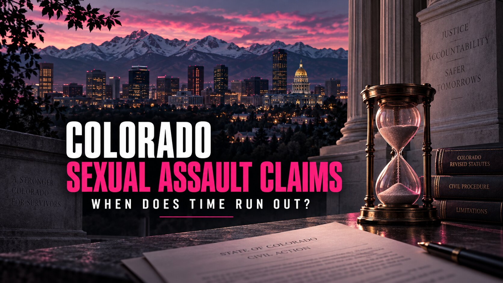 Colorado sexual assault claims graphic with an hourglass, the Denver skyline and the headline “When Does Time Run Out?”