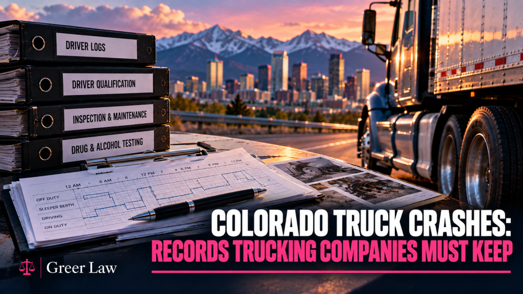Colorado Truck Crashes: Records Trucking Companies Must Keep, Greer Law Group graphic with driver log binders, hours of service log and semi truck near Denver