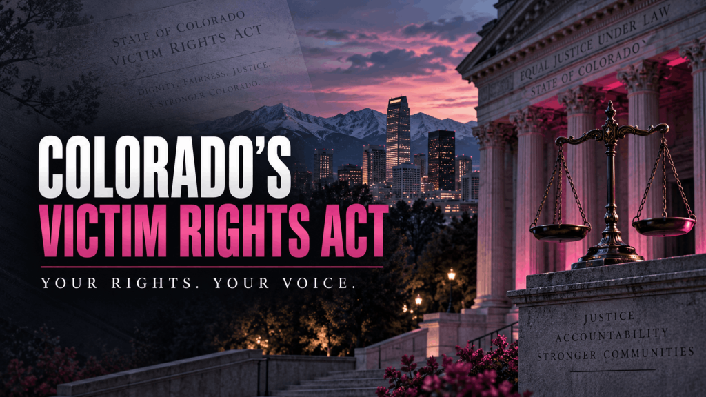 Colorado Victim Rights Act graphic with a courthouse, scales of justice and the line “Your Rights. Your Voice.”