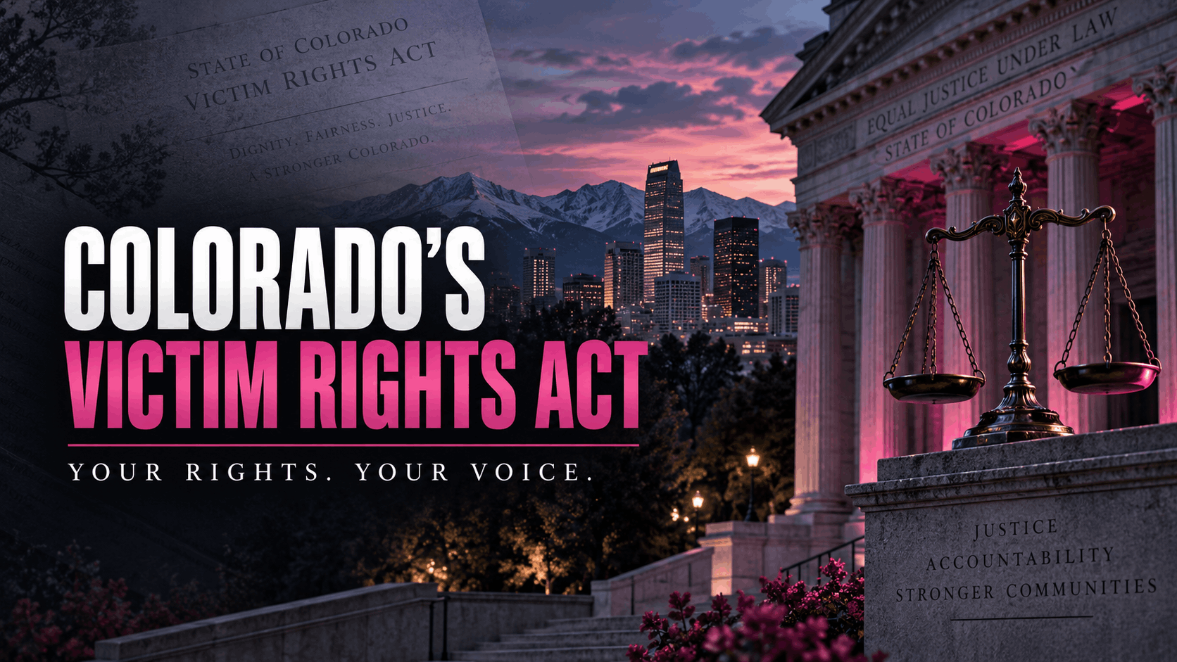 Colorado Victim Rights Act graphic with a courthouse, scales of justice and the line “Your Rights. Your Voice.”