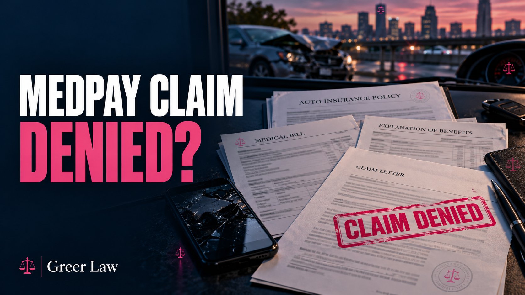 Medical bill, auto insurance policy and a claim letter stamped Claim Denied after a car crash